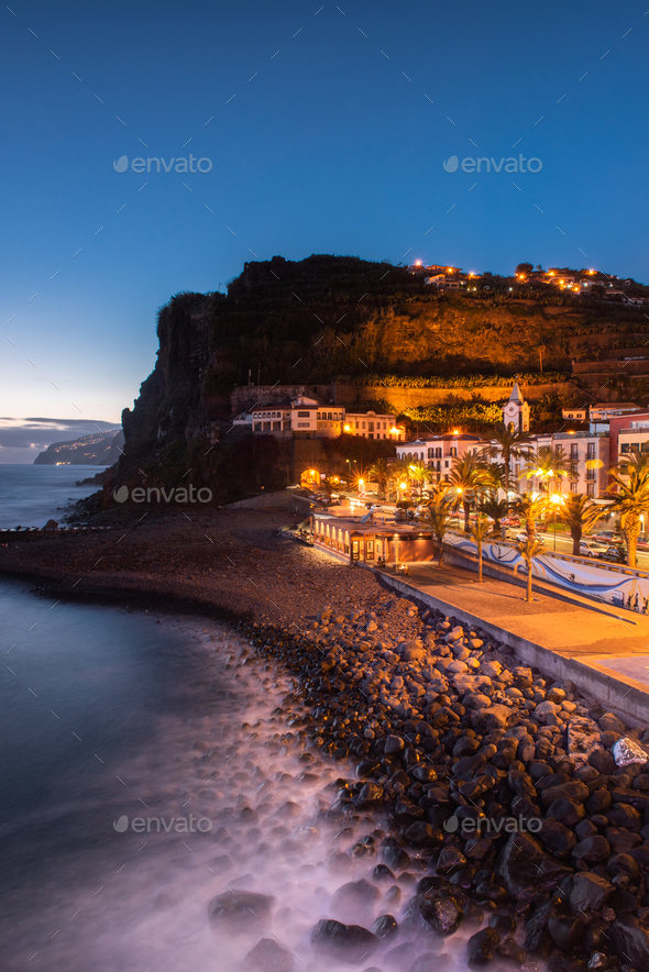 Illuminated town of Ponta do Sol, Madeira, Portugal Stock Photo by merc67